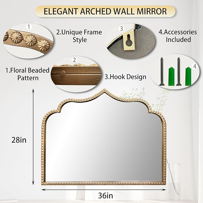 Gold Arched Mirror, Metal Beaded Frame Ornate Decorative Mirror, Scalloped - Image 4