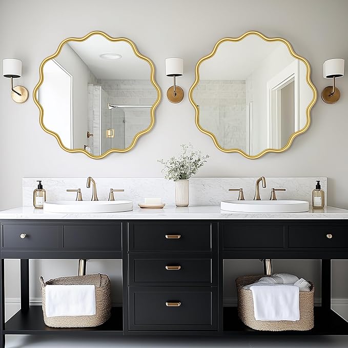 PROHOMEWARE Gold Round Mirror 28 Inch Wavy Bathroom Vanity Mirror Gold Frame - Image 2