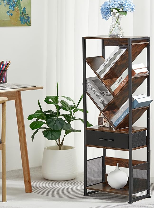 Bookshelf with Drawer, 8 Tier Tree Bookcase Retro Floor Standing Bookshelves - Image 6