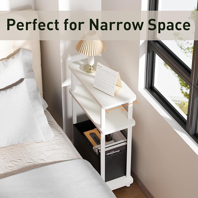 Narrow Side Table with Fabric Basket, 3 Tier Skinny End Table with Wood Legs - Image 5