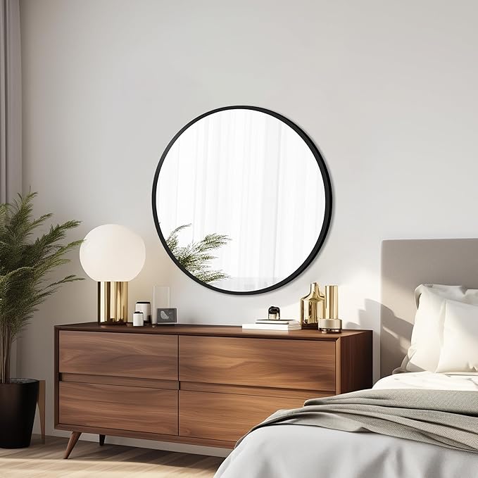 Round Mirror Black Frame 28 Inch Mirror Living Room Round Bathroom Mirrors - Image 2