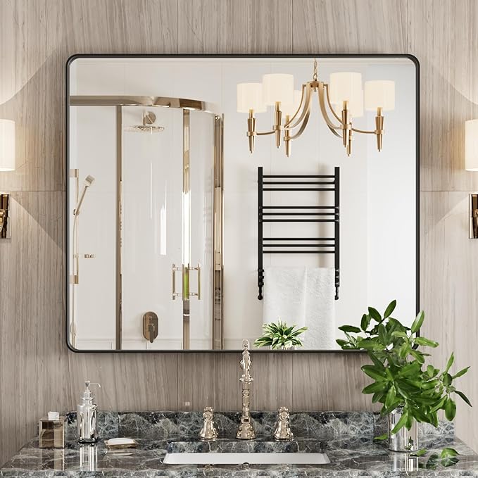 Black Bathroom Mirror 30X36 Inch, Rounded Rectangle Matte Bathroom Vanity Mirror - Image 2