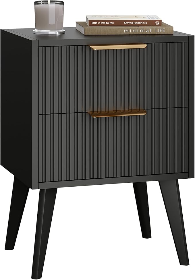 Fluted Nightstand with 2 Drawers, Modern Bedside Table with Metal Handles by YAUKOMEL