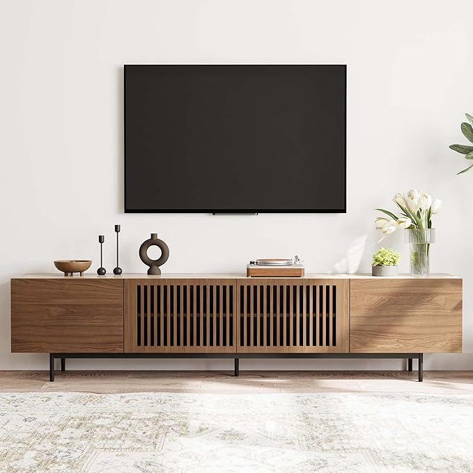 POVISON Mid Century Modern Sintered Stone TV Stand, Slatted Media Console TV - Image 2