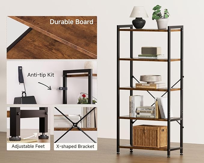 Casaottima Book Shelf, 5 Tier Bookshelf, Modern Wood Bookcase Shelves - Image 4
