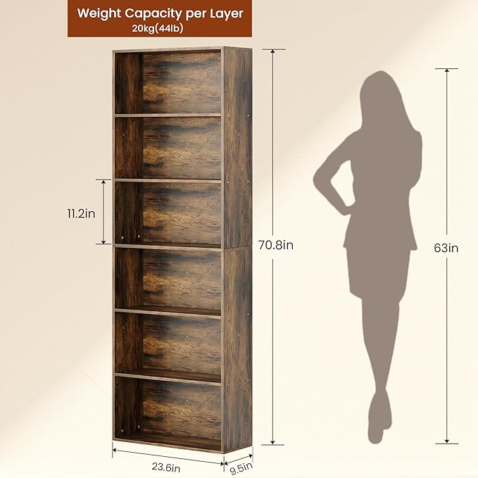 71" Tall Bookcase, 6-Tier Open Display Storage Shelves, Floor Standing Large - Image 2