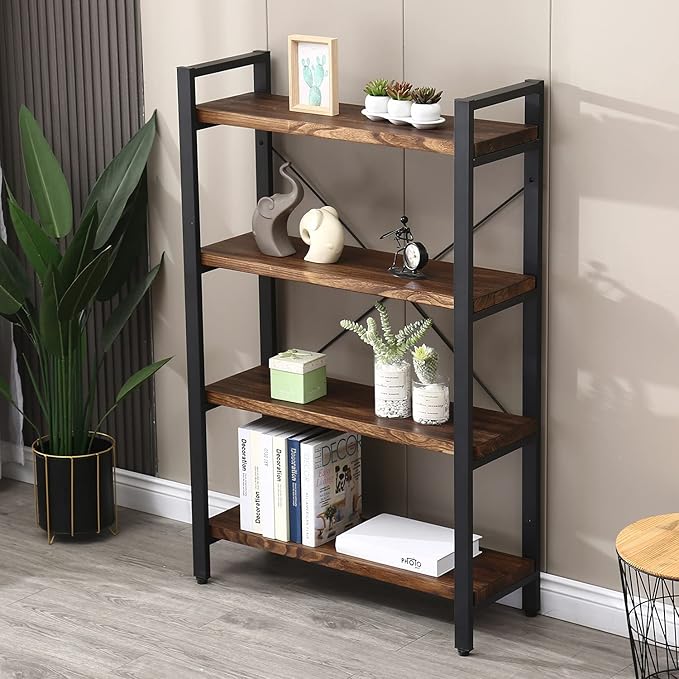 Solid Wood Bookshelf, 4-Tier Rustic Vintage Industrial Etagere Bookcase - Image 6