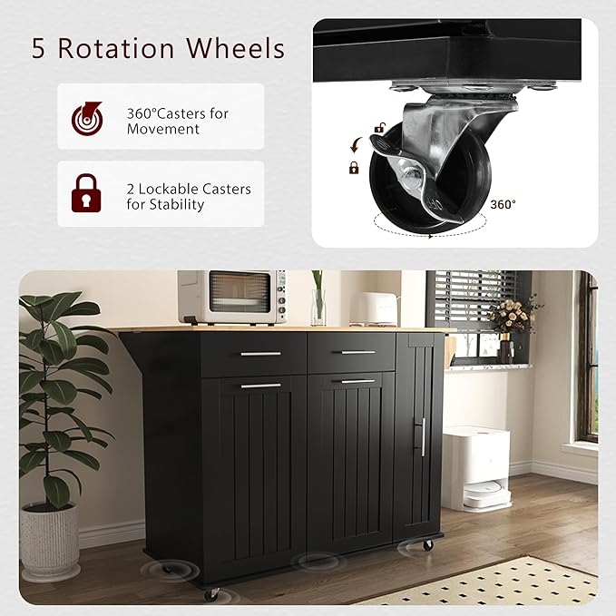 46" Kitchen Island with Drop Leaf, Dining Storage Cart W/ 3 Tier Pull Out - Image 5