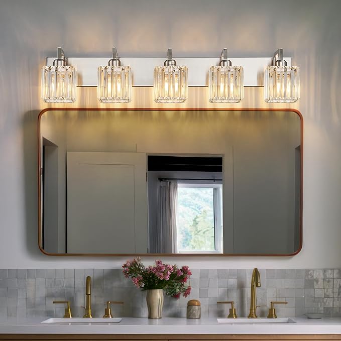 Modern Bathroom Vanity Light 5-Lights Brushed Nickel Vanity Light Crystal Wall - Image 2