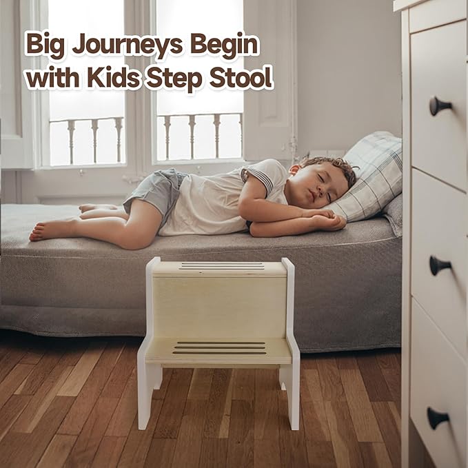 WOOD CITY Kids Step Stool for Toddler, Wooden White-Natural Patchwork Two Step - Image 7