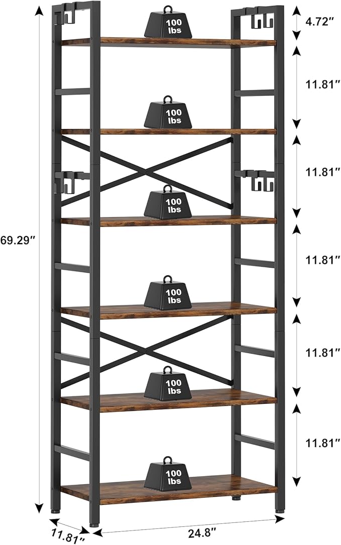 6 Tier Bookshelf, Industrial Bookcase - Image 3