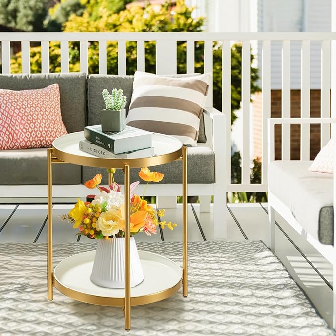 TeoKJ 2 Tier Gold Side Table, Folding Round Metal End Table Small Nightstand - Image 6