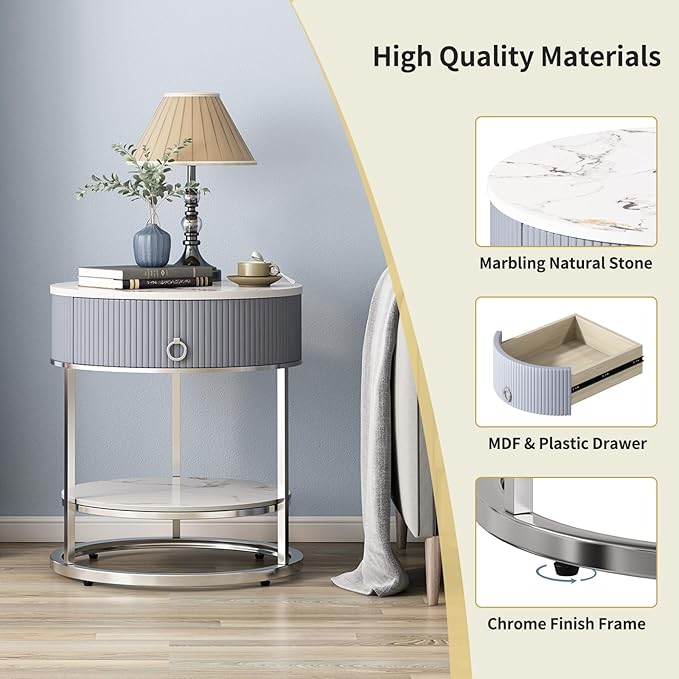 OIOG Modern End Table with Drawer, 2 Tier Side Table with Shelf, Round - Image 4