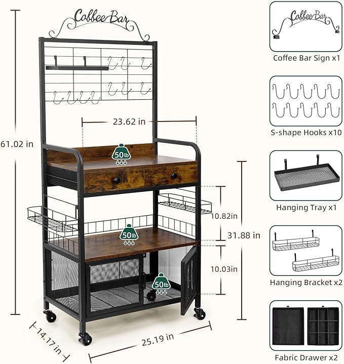 Coffee Bar Cart with Wheels, Coffee Bar Table, Kitchen Coffee Bar Cabinet with - Image 2