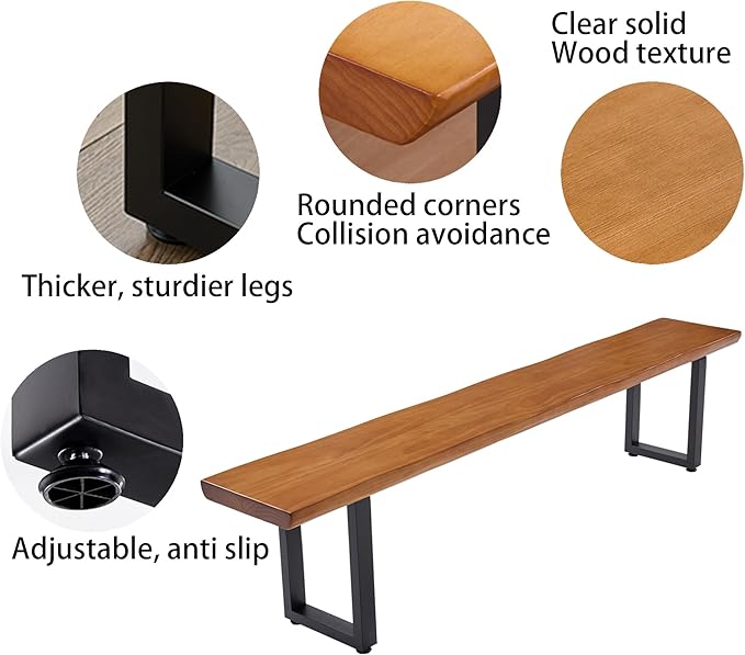 Solid Wood Top Bench with Metal Legs Durable Long Bench - Image 4