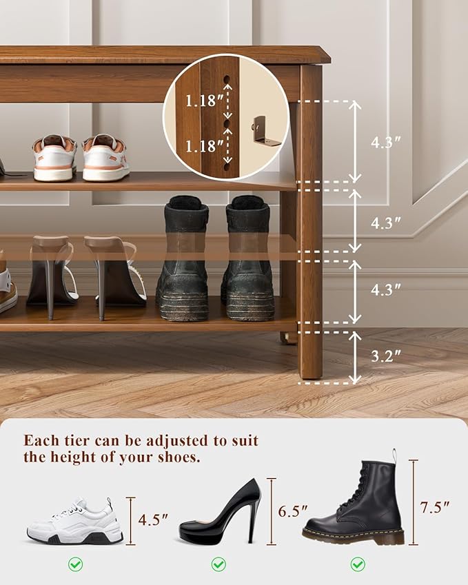 Shoe Rack Bench Seat Rubberwood 3-Tier Wooden Storage Bench 550lbs Compact - Image 5