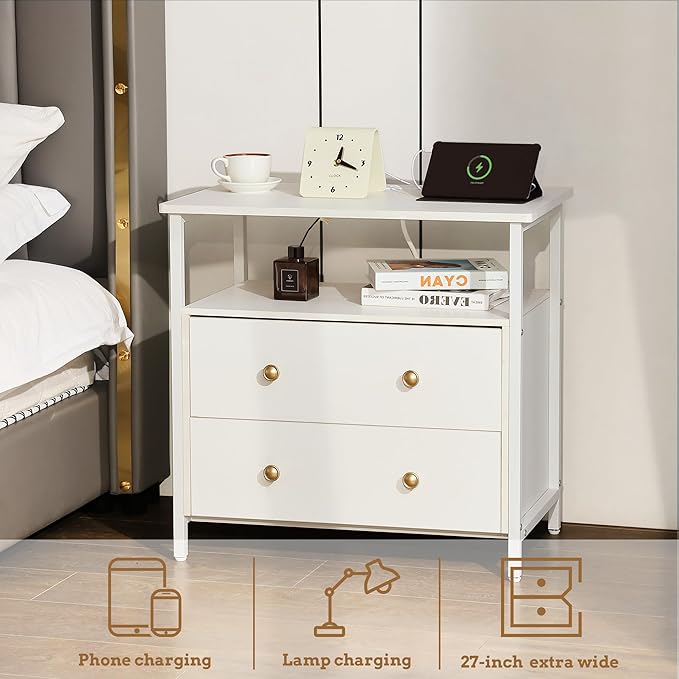 27 inch Wide Nightstand with Charging Station, Bedside Table with Open Shelf - Image 4