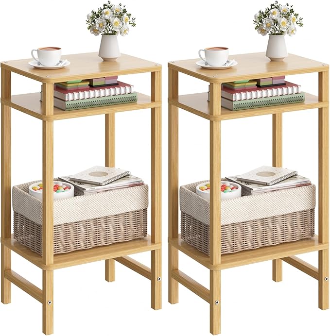 28in Tall Bamboo Side Table Set of 2, 3-Tier Small Narrow End Table by YUFAM