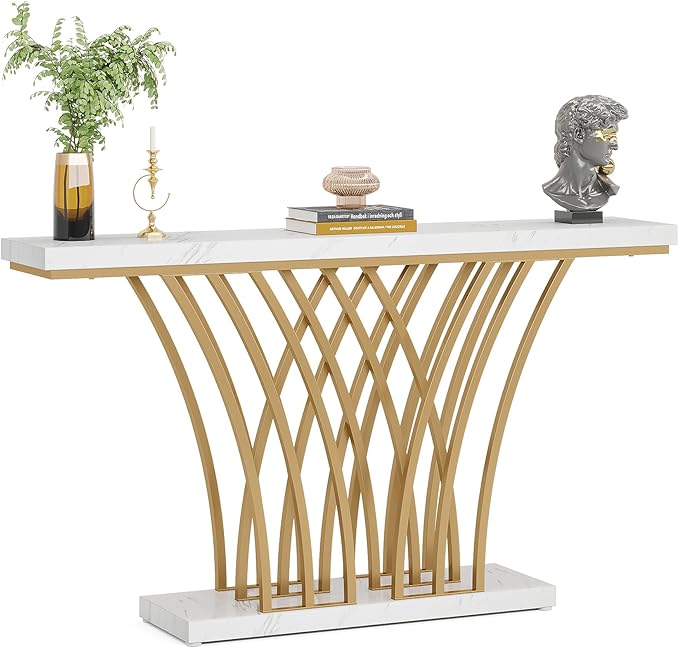 LITTLE TREE Narrow Entryway Console Table, Faux Marble White+Gold by LITTLETREE