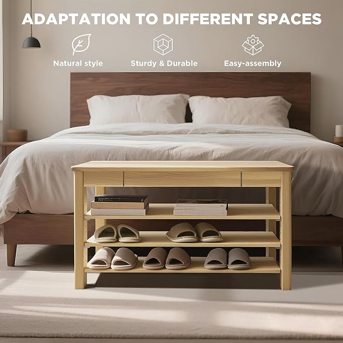 Wood Shoe Bench Entryway with Drawer: 3-Tiers Wooden Storage Shoe Rack with - Image 7
