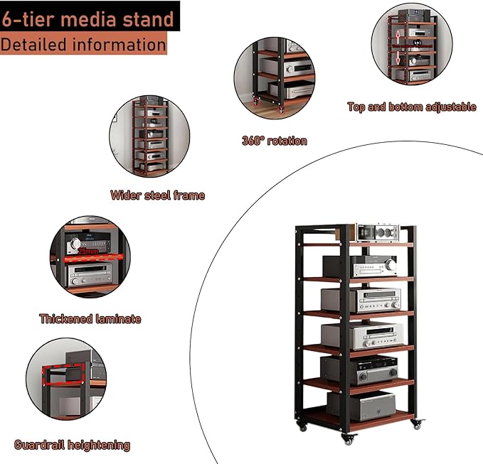 6 Tier Audio Rack Tower, CD Record Player Stereo Receiver AV Equipment Cabinet - Image 3