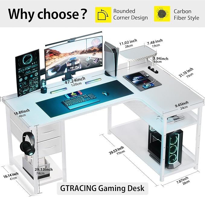 GTRACING Gaming Desk with Drawers, Carbon Fiber Style L Shaped Computer Desk - Image 2
