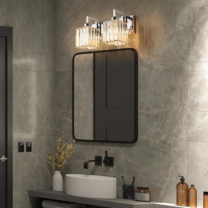 Modern Bathroom Vanity Light 2-Lights Chrome Crystal Wall Lamp Bathroom Modern - Image 2