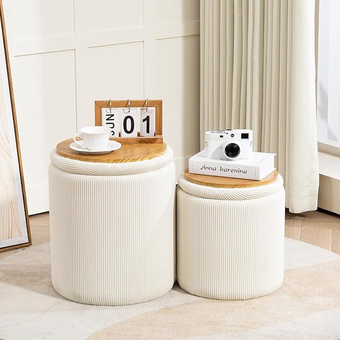 Round Set of 3 Ottoman with Storage-Upholstered Velvet Vanity Stool - Image 3