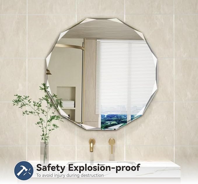 Single Beveled Edge Circle Mirror Frameless Wall Mount Bathroom Vanity Mirror - Image 3