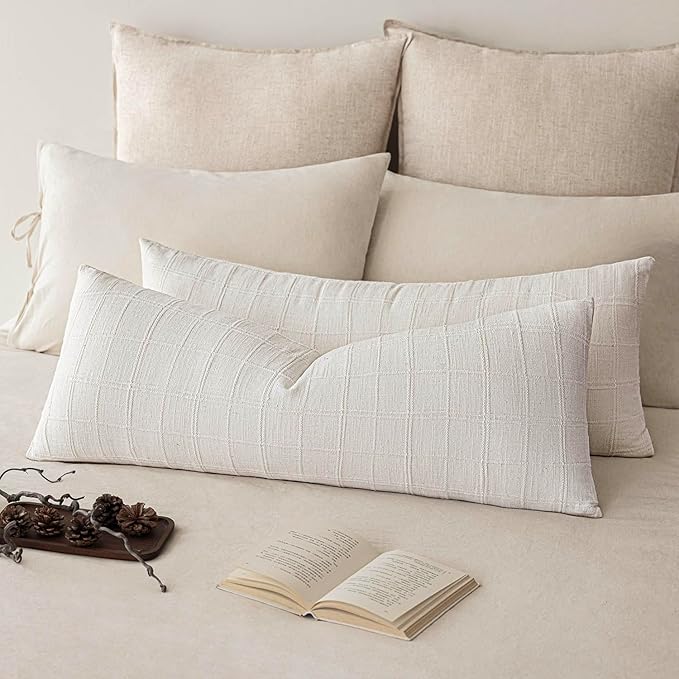 Foindtower Set of 2 Decorative Linen Check Throw Pillow Covers Neutral Long by Foindtower