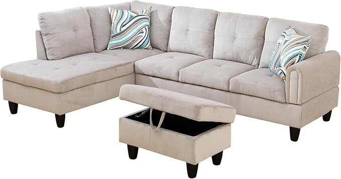 L Shaped Couch Modern Sectional Couch Upholstered Corduroy Fabric 3 Pieces Sofas - Image 3