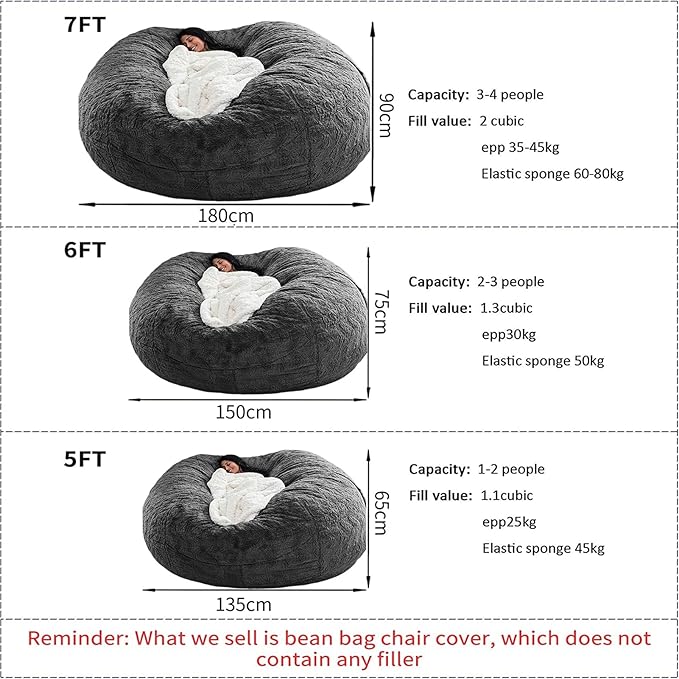Bean Bag Chair for Adults Kids Without Filling Comfy Fluffy Giant Round Beanbag - Image 2