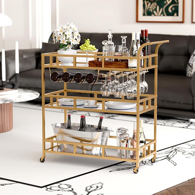 TONGMO Gold Bar Carts with 3 Tier Mirror Shelves, Home Bar Cart with Wine Rack - Image 6