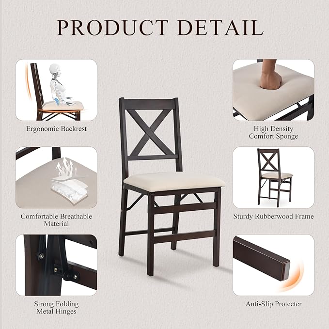 COLAMY Folding Dining Chairs Set of 2 – Beige Upholstered Wooden Dining Room - Image 3