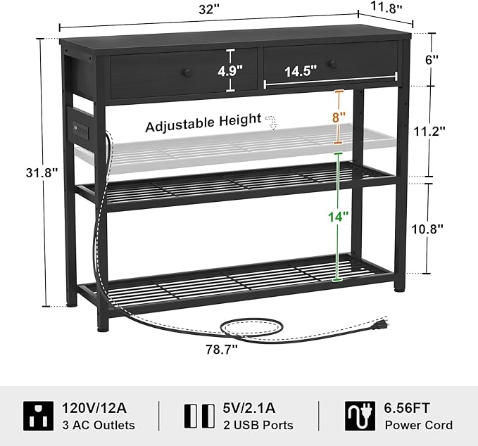 Ecoprsio Entryway Table with Outlets and USB Ports, Console Table with 2 Drawers - Image 3