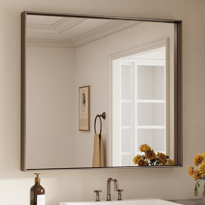 Keonjinn 42 x 36 Inch Brushed Bronze Bathroom Mirror, Rectangle Framed Vanity by Keonjinn