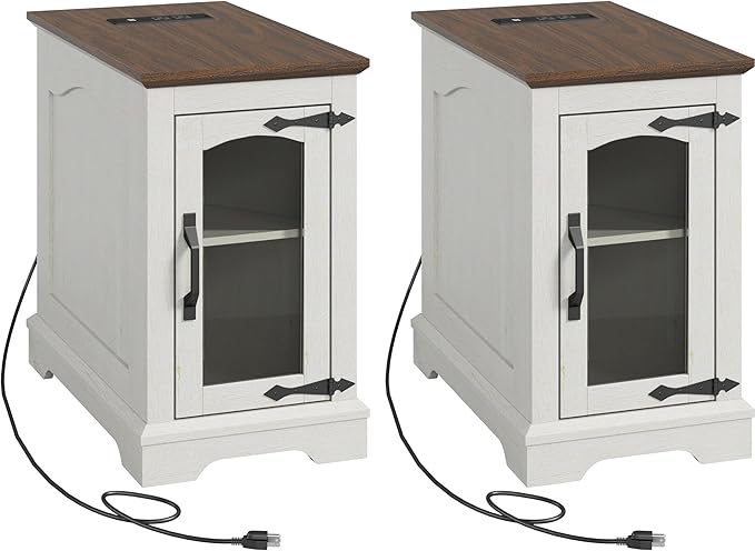 End Tables Set of 2 with Charging Station, 13.8"W Narrow Side Table with Storage by TRONLEE
