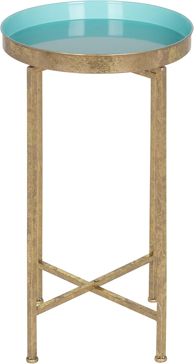 Kate and Laurel Celia Round Foldable Tray Accent Table, Light Teal and Gold - Image 3