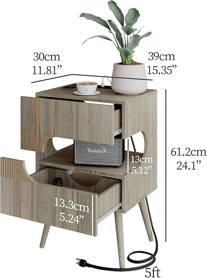 Nightstand with Charging Station and LED Lights, Modern Bedside Table with 2 - Image 3