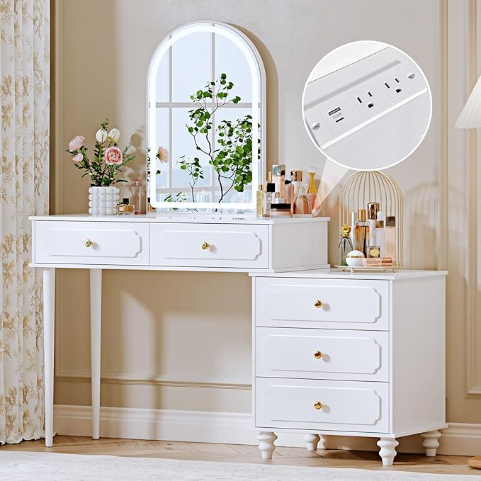 White, Vanity Desk with Mirror and Lights, Makeup Vanity with Power Outlet and by Ieejdn