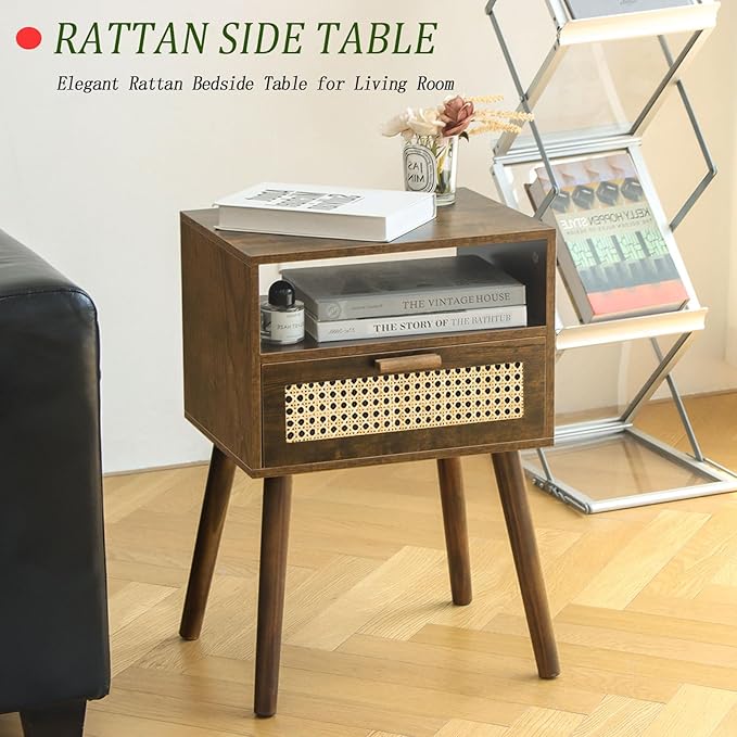 MaxSmeo Mid Century Nightstand, Rattan Side Table - Image 8