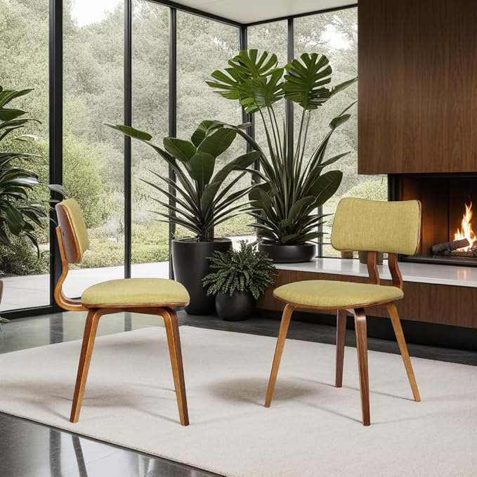 Armen Living Jaguar Mid-Century Dining Chair in Walnut Wood and Green Fabric by ArmenLiving
