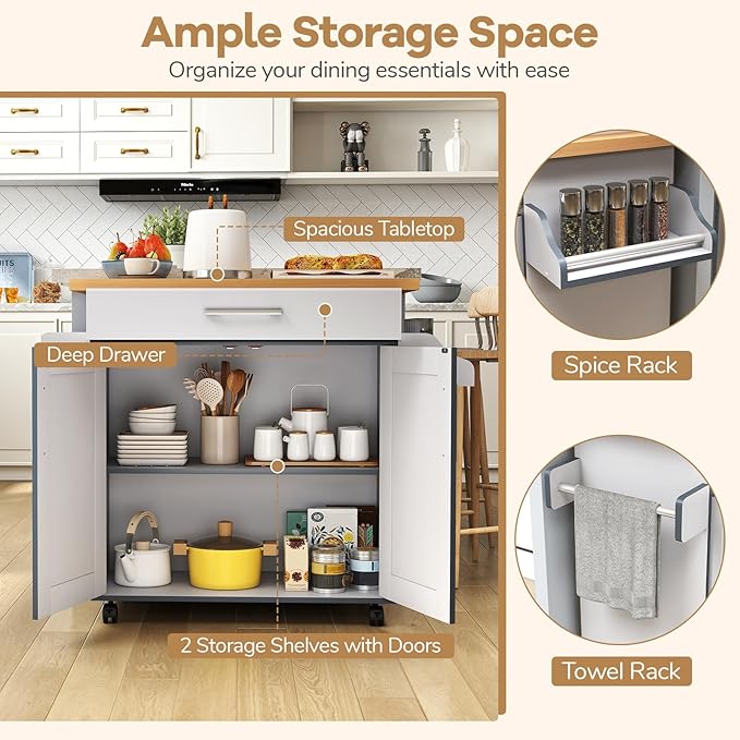 COSTWAY Kitchen Island On Wheels, Rolling Storage Trolley Cart - Image 3