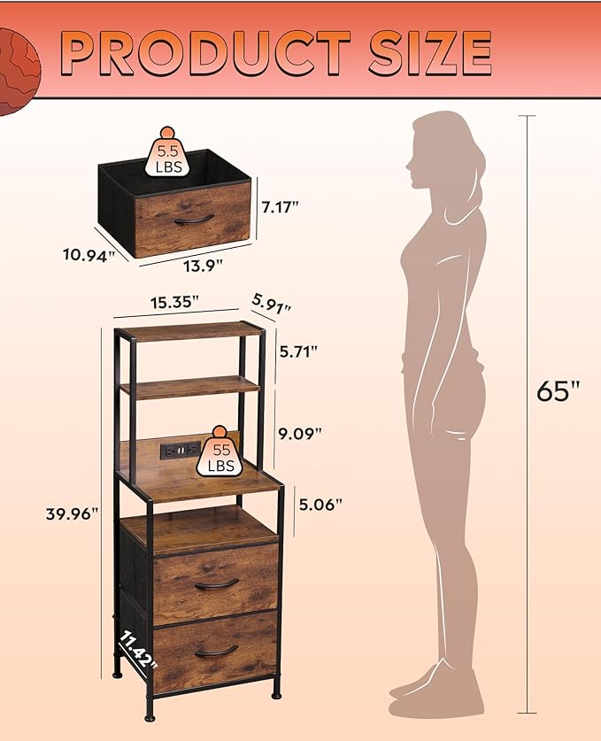 WLIVE Nightstand with Charging Station, LED Night Stand with 2 Drawers and 4 - Image 3