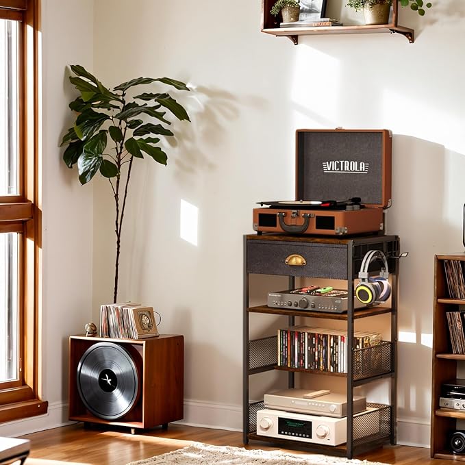 4-Tier AV Media Stand with Drawer, Video Game Console Shelf with 2 Hooks - Image 4