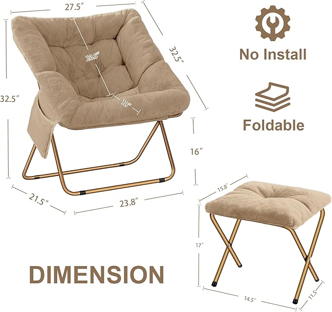 Comfy Saucer Chair for Adults, Foldable Living Room Chairs, Soft Faux Fur - Image 3