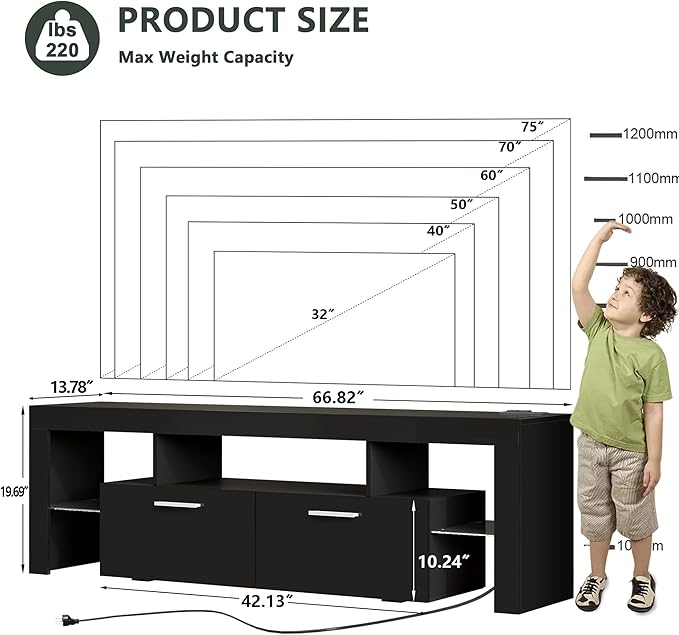 Clikuutory Modern LED Black 67 inch TV Stand - Image 6