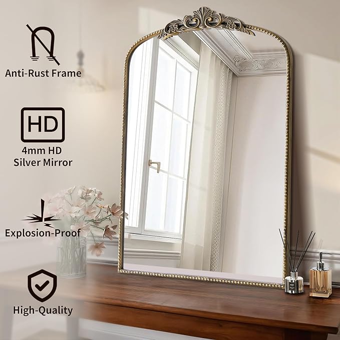 Micasso Antique Gold Ornate Mirror, 24 x 36 Inches Arched Baroque Style Mantel - Image 2