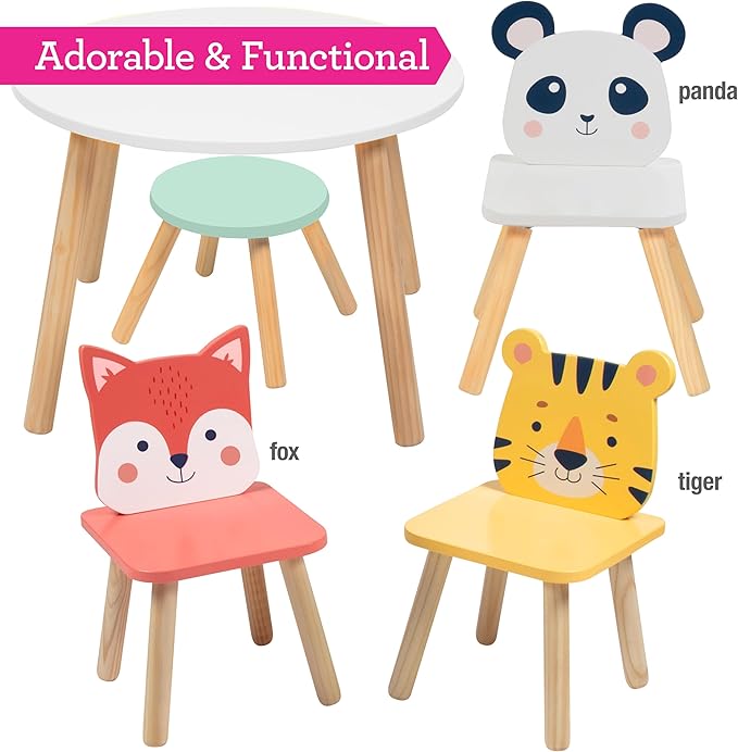 Kids Wooden Animal Table & Chair Set w 4 Seats- Tiger Panda & Fox Plus Adult - Image 3