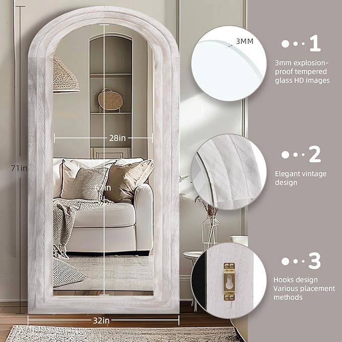 Arched Full Length Mirror with Solid Wood Frame, 71x32 Farmhouse Wall Mirror - Image 2